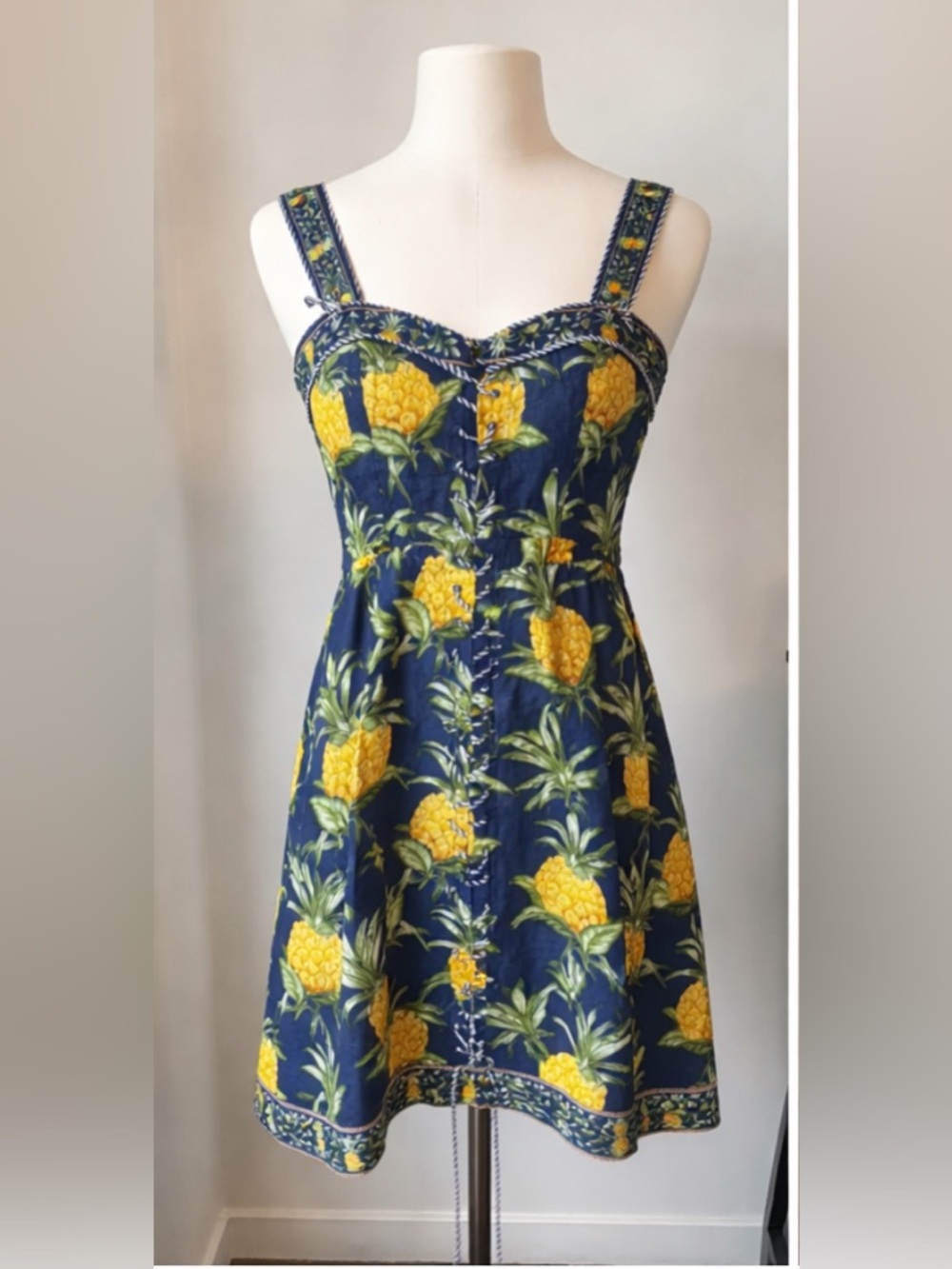 FARM Rio Pineapple Print Sundress Navy Tropical Midi Dress L